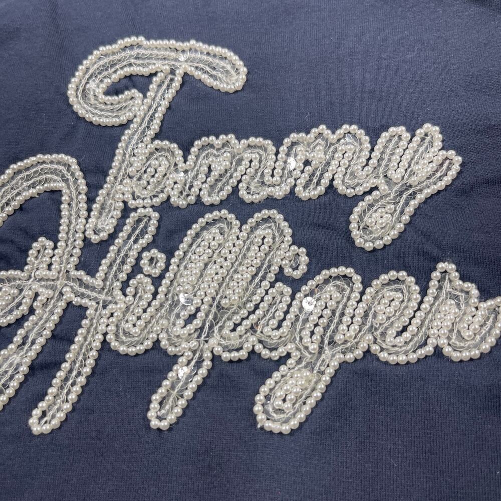 Tommy Hilfiger Top Women 1X Navy Blue Pearl Beaded Logo 3/4 Sleeve Shirt - Picture 3 of 10